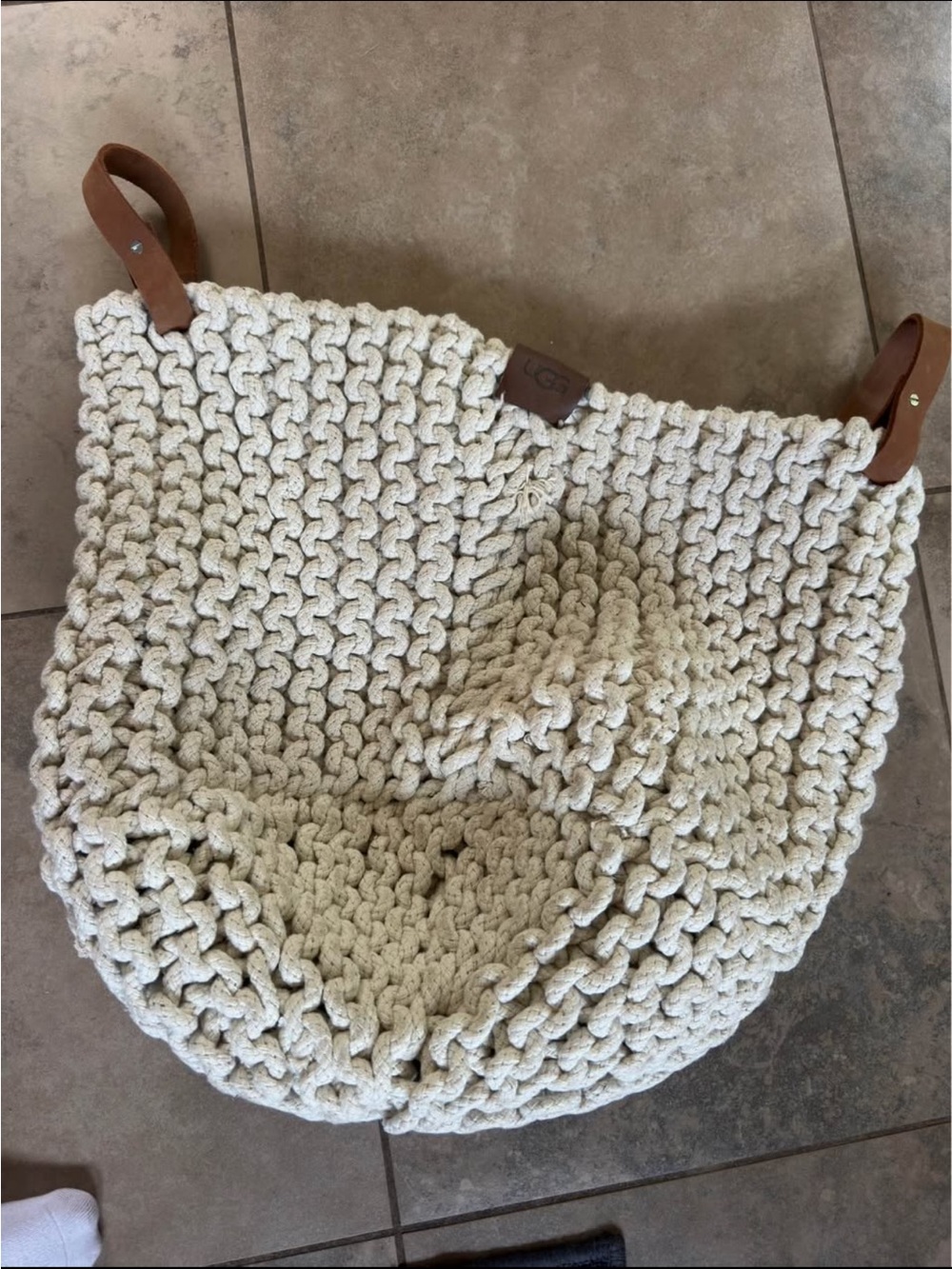UGG Cream Chunky Knit Tote with Brown Leather Tag